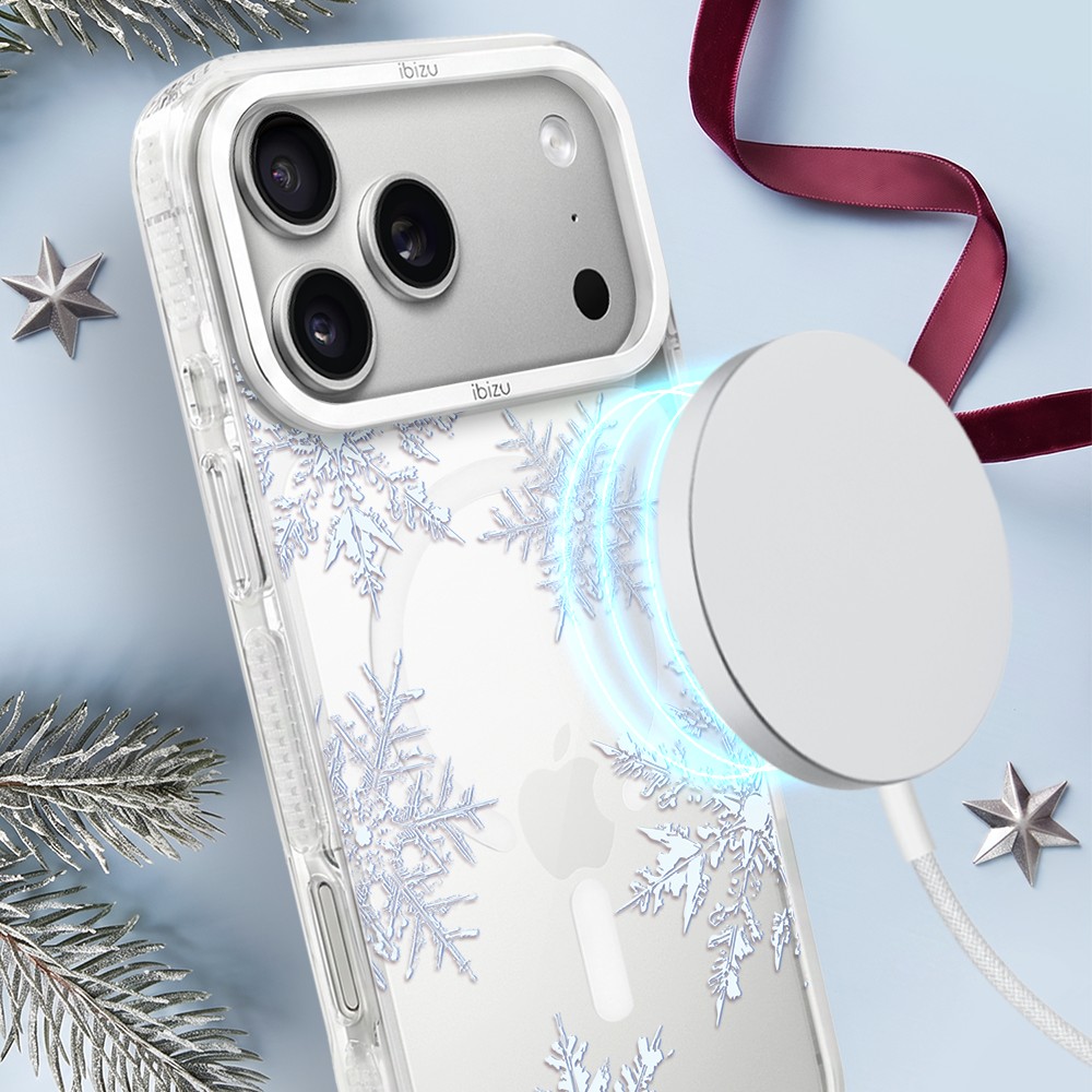 Etui do iPhone 17 Pro IBIZU Pretty Clear, metalowa ramka aparatu, przeźroczyste do MagSafe, płatki śniegu
