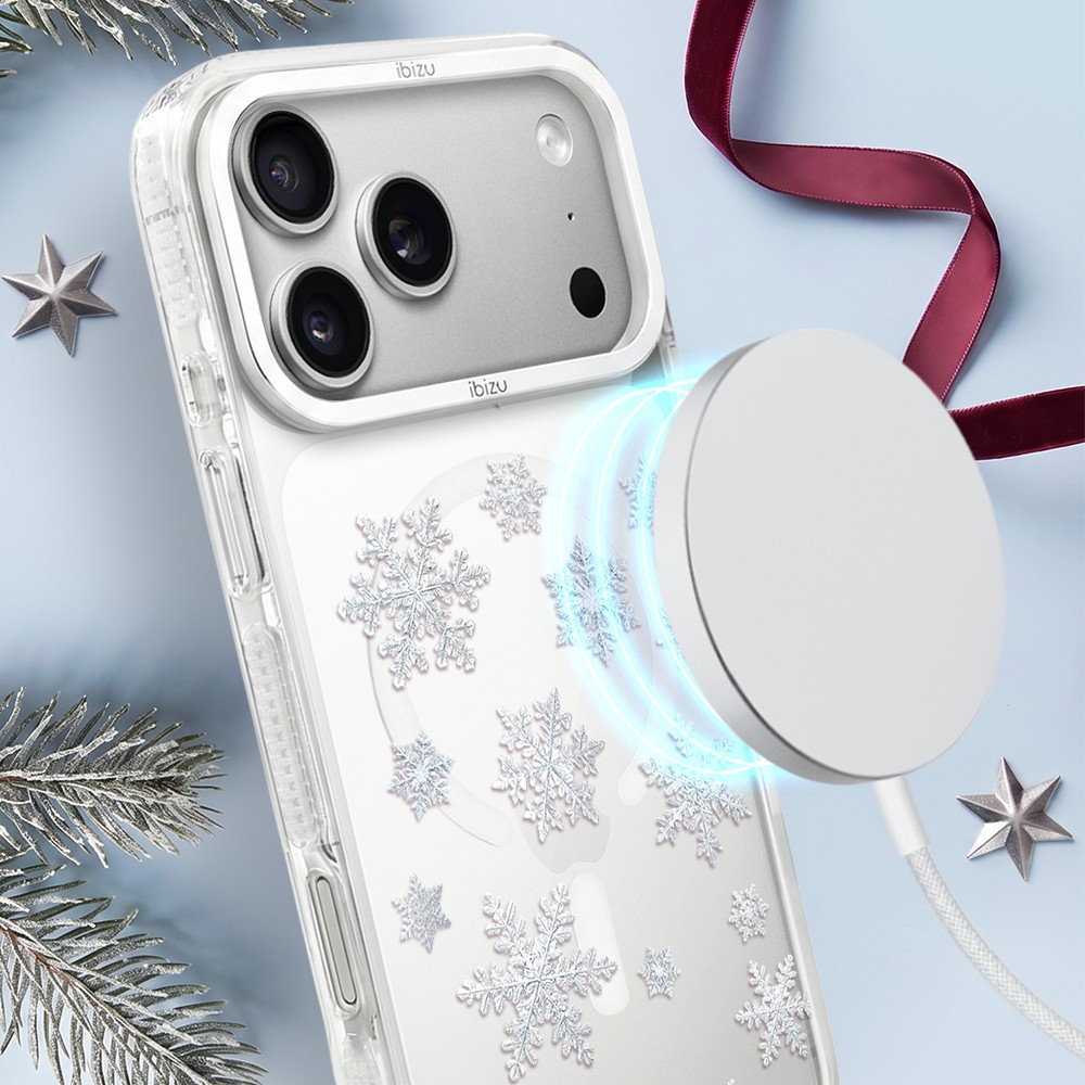 Etui do iPhone 17 Pro IBIZU Pretty Clear, metalowa ramka aparatu, przeźroczyste do MagSafe, delikatne płatki śniegu