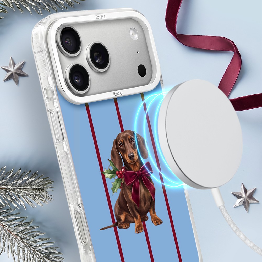 Etui do iPhone 17 Pro IBIZU Pretty Clear, metalowa ramka aparatu, przeźroczyste do MagSafe, jamnik z kokardą