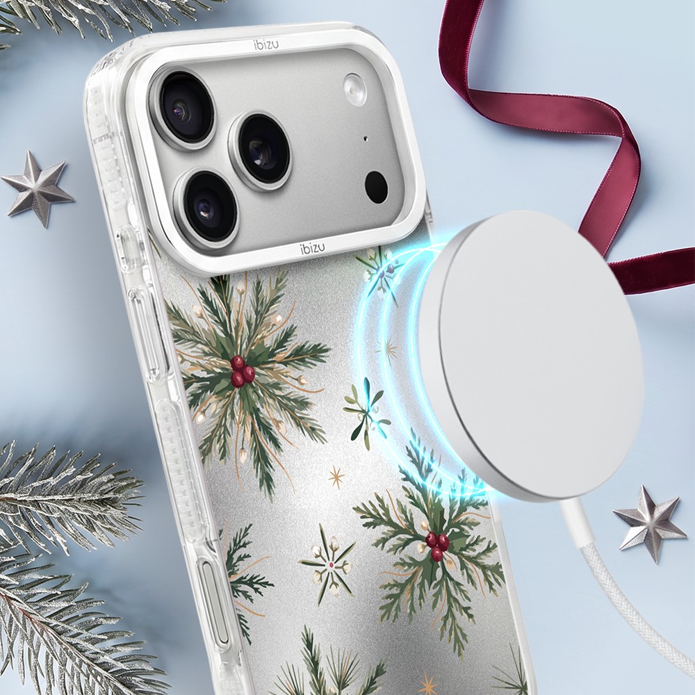 Etui do iPhone 17 Pro IBIZU Pretty Clear, metalowa ramka aparatu, przeźroczyste do MagSafe, Igliwie Boreale