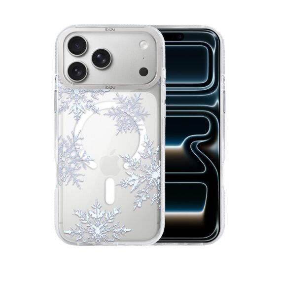 Etui do iPhone 17 Pro IBIZU Pretty Clear, metalowa ramka aparatu, przeźroczyste do MagSafe, płatki śniegu