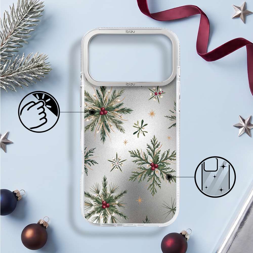 Etui do iPhone 17 Pro IBIZU Pretty Clear, metalowa ramka aparatu, przeźroczyste do MagSafe, Igliwie Boreale