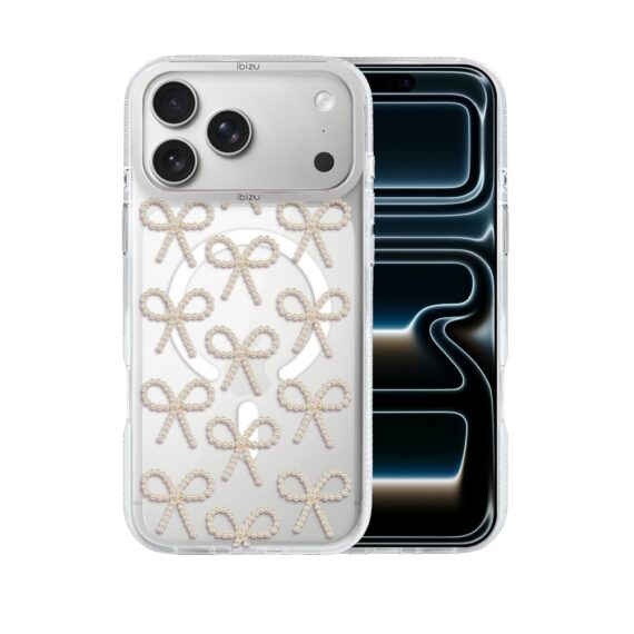 Etui do iPhone 17 Pro IBIZU Pretty Clear, metalowa ramka aparatu, przeźroczyste do MagSafe, złote kokardki