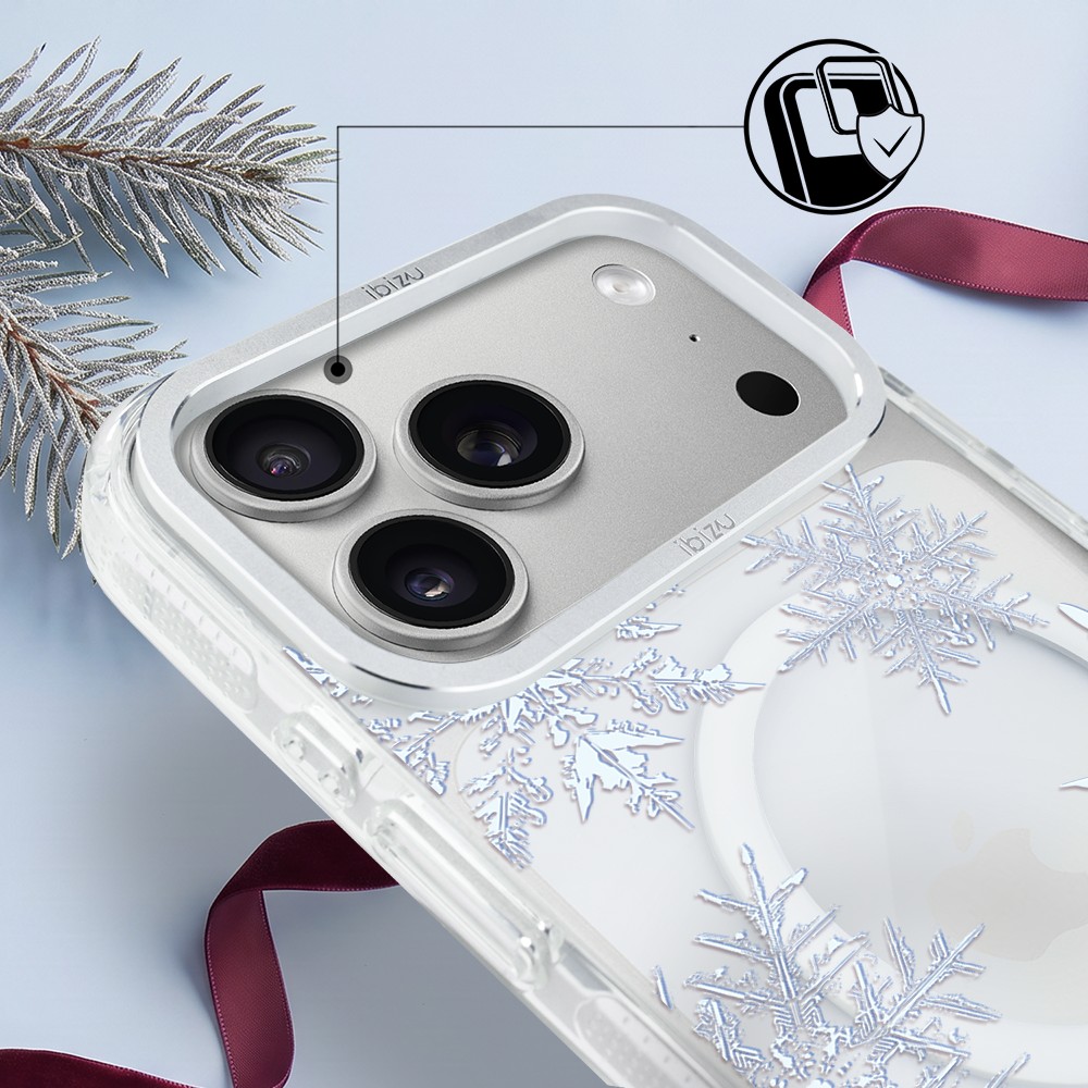 Etui do iPhone 17 Pro IBIZU Pretty Clear, metalowa ramka aparatu, przeźroczyste do MagSafe, płatki śniegu