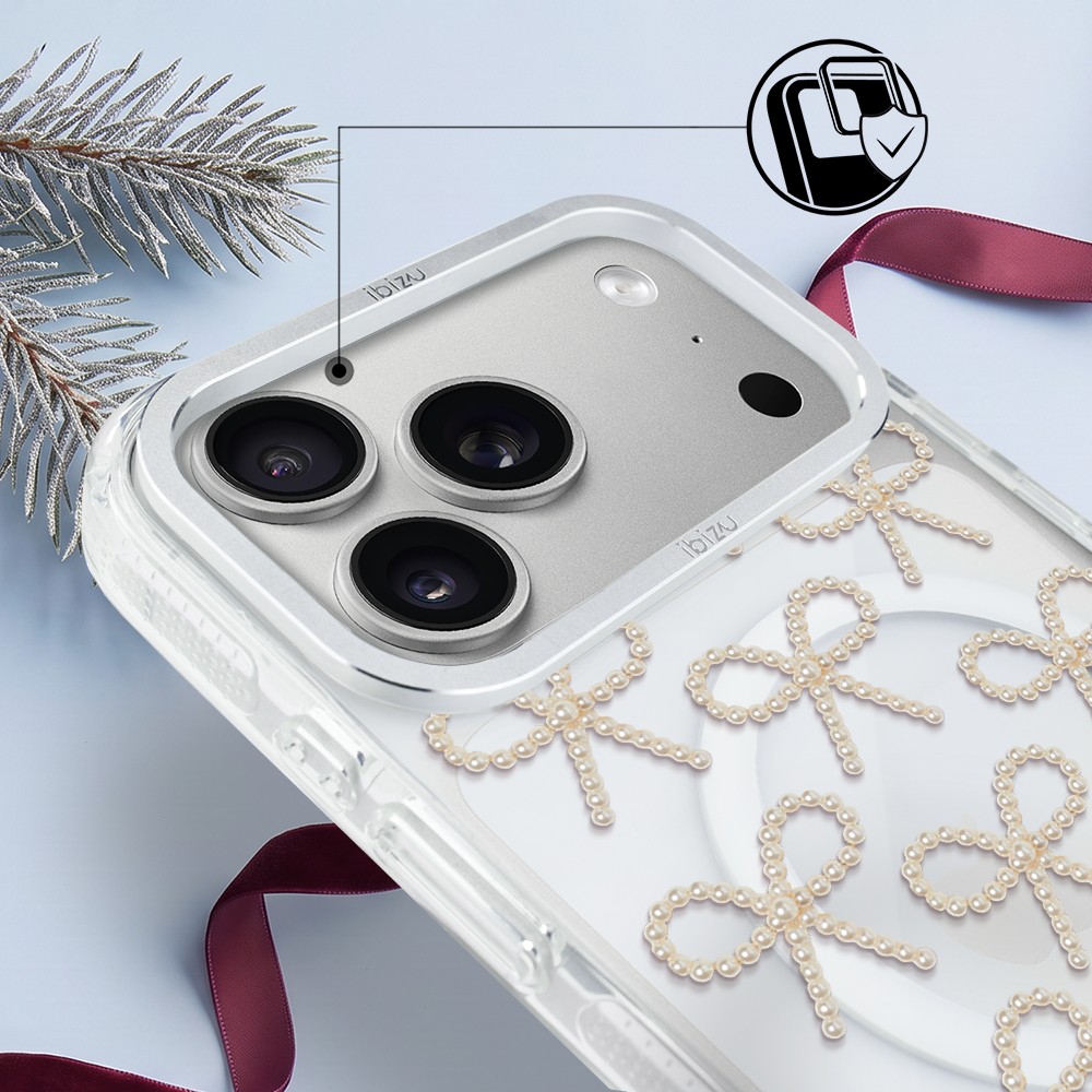 Etui do iPhone 17 Pro Max IBIZU Pretty Clear, metalowa ramka aparatu, przeźroczyste do MagSafe, złote kokardki