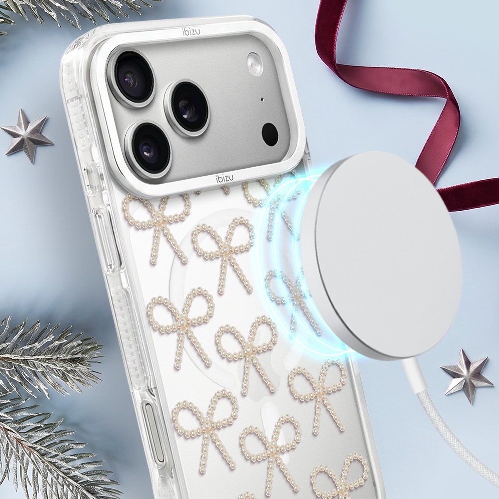 Etui do iPhone 17 Pro Max IBIZU Pretty Clear, metalowa ramka aparatu, przeźroczyste do MagSafe, złote kokardki